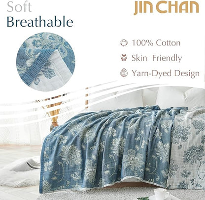 jinchan Boho 100% Cotton Muslin Queen Size 80x90 Inches Blanket Lightweight 4-Layer Quilted Soft Blue and White Floral Throw Blanket Green Accents Reversible Comfy Flower Rustic Summer Couch Bedroom