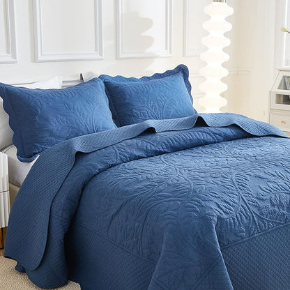 MarCielo 3-Piece 100% Cotton Oversized Bedspread Lightweight Quilt Coverlet Embroidery Farmhouse Bedding Set T0 (Midtone Blue, Oversized Queen (100"x106"))
