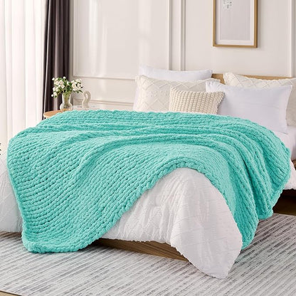 L'AGRATY Chunky Knit Blanket Throw: 60''x80'' Chenille Chunky Knitted Throw Blanket for Bed Couch - Handmade Thick Big Cable Knit Blanket - Large Crochet Rope Blanket for Home Decor(Lake Blue)