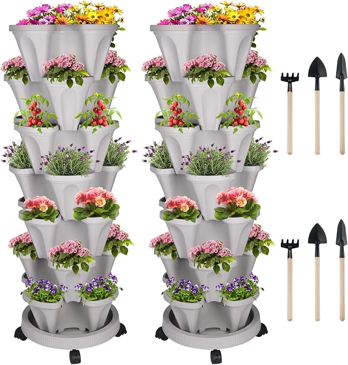 Vertical Planter 7 Tier Stackable Planters Garden Planters Strawberry Herb Flower and Vegetable Planter Indoor Outdoor Gardening Pots with Removable Wheels and Tools 2-Pack