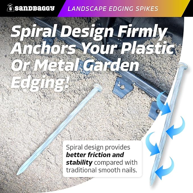 Sandbaggy 6 inch Galvanized Landscape Edging Spikes - Spiral Landscape Nails - 7 Gauge Steel - Great for Hard Rocky Soil - Also Great for Paver Edging, Artificial Turf, Landscape Fabric (100, 6 inch)