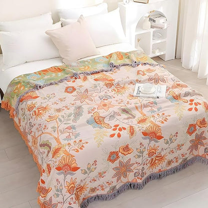 Boho Throw Blanket for Bed - 100% Pure Cotton Ultra Soft Rustic Quilt - Farmhouse Decor Bed Blankets, All Season Rustic Throw for Sofa Couch Chair(80''x 90'', Floral)