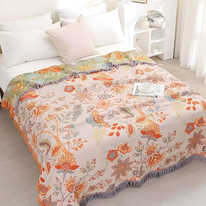 Boho Throw Blanket for Bed - 100% Pure Cotton Ultra Soft Rustic Quilt - Farmhouse Decor Bed Blankets, All Season Rustic Throw for Sofa Couch Chair(60''×80'', Floral)