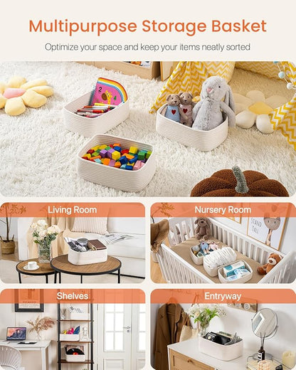KALLAX Small Woven Basket, 12 x 8 x 4.5 Inches, Storage Basket for Organizing, Cute Small Rope Shelf Closet Cube Storage Bins Baskets for Shelves, Dog Toy Gift Baskets Empty, 3 Packs, Off White