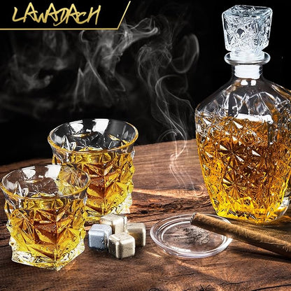 Whiskey Decanter Set,Liquor Decanter Set with 2 Glasses,Decanter set for Men,Decanter for Tequila,Bourbon,Rye,Gifts for Men,Dad,Home Bar Decor - 28oz
