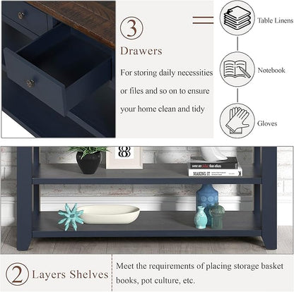 Farmhouse Wood Entry Console Table 48-Inch Modern Sofa Entryway Table with Drawers and Storage Shelves for Entrance Living Room (Blue)
