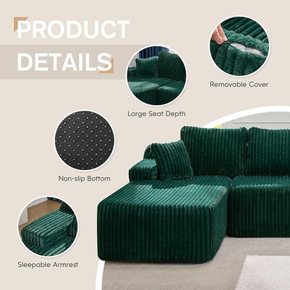 Hobestluk Modular Sectional Sofa Couches 108" L-Shape Couch 3 Seat Modular Sofa Memory Foam Sectional Couches for Living Room, Boneless Couch with Oversized Chaise (Green, Left Facing)