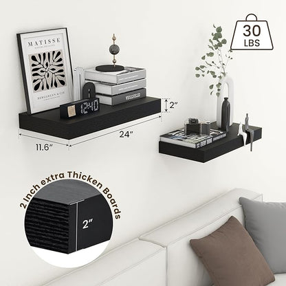 Deep Floating Shelves for Wall, 24W x 12D Black Floating Shelves Set of 2, 12'' Deep Large Wood Shelves for Living Room Bathroom Laundry Room Bedroom Kitchen Home Office - Black