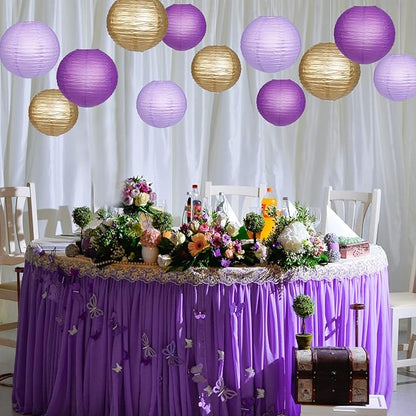 Paper Lanterns Decorative, Purple Lavender Gold Hanging Round Chinese Lanterns with Lights for Graduation Bachelorette Theme Birthday Party 12 LED Light Pack of 12