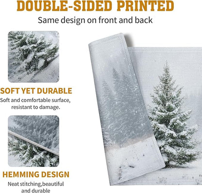 Winter Placemats Set of 4, 12x18 Inch Christmas Pine Tree Snowflake Linen Table Mats Seasonal Washable Farmhouse Place Mats for Kitchen Dining Xmas Holiday Party Decor