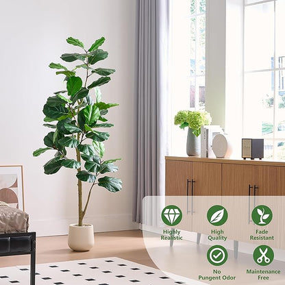 Artificial Fiddle Leaf Fig Tree, 7FT Tall Faux Ficus Lyrata Fake Tree in White Pot, Artificial Tree Indoor Decor, Fiddle Leaf Fig Tree Fake Plant for Home Office Living Room Decoration Modern