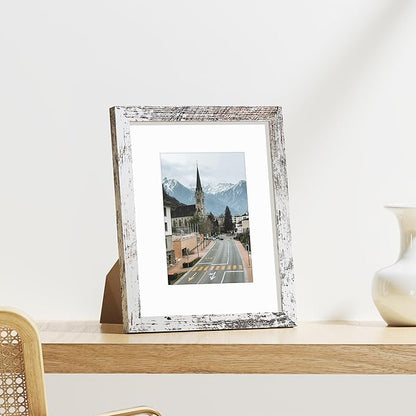 Vittanly 8x10 Picture Frames Set of 9, Shatter Resistant Plexiglass, Display 5x7 Pictures with Mat or 8x10 without Mat, Photo Frames for Wall or Tabletop, Engineered Wood, Distressed White