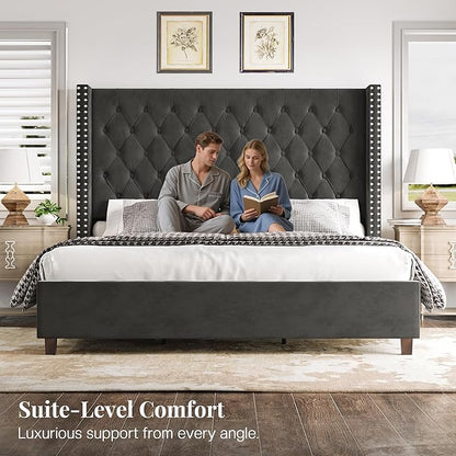 PaPaJet Queen Size Bed Frame with 61.4" Tall Headboard, Velvet Modern Upholstered Tufted Bed for Adults, Handmade Deep Button Tufting, Solid Wood Legs, No Box Spring Required, Black