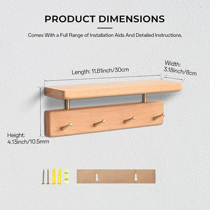 Shelf with Hooks, Solid Wood Bedroom Shelves for Wall, Wooden Coat Rack Wall Mount for Bathroom, Kitchen, Door Entryway (Beech, 30cm/11.81inch)