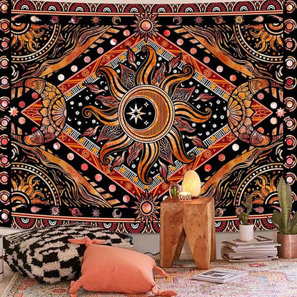 Lunerfex Hippie Sun and Moon Tapestry Bohemian Celestial Tapestry Aesthetic Tapestries for Bedroom and Living Room Decor Sun and Moon 70×90 Inches
