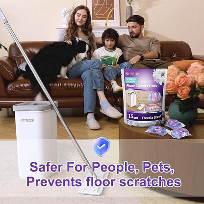 JOYMOOP Mop and Bucket with Wringer Set and Floor Cleaner Pods, Flat Floor Mop with 3 Reusable Microfiber Pads, Wet and Dry Use, Freesia Scent Pack of 15 Pacs for Floor Cleaning