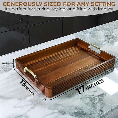 Acacia Wood Serving Tray with Metal Handles – 17x12in Rustic Decorative Ottoman & Coffee Table Tray for Breakfast in Bed, Dinner, Bar, Kitchen, Home Décor & Entertaining