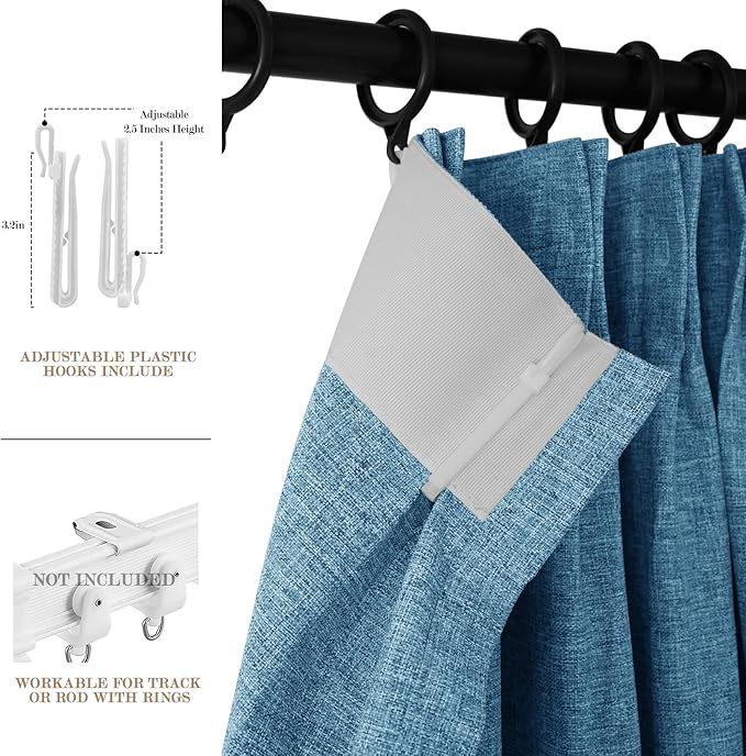 100% Blackout Linen Textured Drapes for Bedroom Pinch Pleated Curtains for Track System Portable Drapery for Sliding Glass Door/Storage/Space Room Divider, 70" Wx102 L, 1 PC, Blue