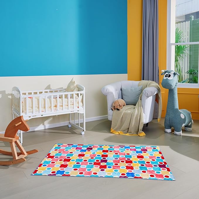 Machine Washable Polka Dot Rug for Kids Area - Multicolor Soft Rug for Nursery/Playroom/Classroom - 5x8