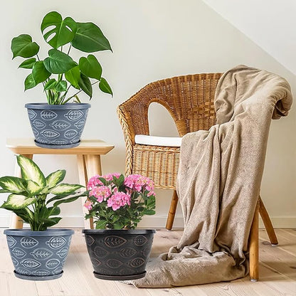3 Pack Flower Pots Outdoor 11 Inch Plant Pots Indoor, Large-Plastic-Plant-Flower-Planters-Pots with Drainage Hole & Tray, Modern Decorative Garden Pot with Saucer(Brown)