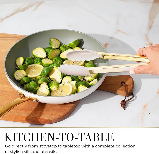 7-Piece Beige & Gold Kitchen Utensils Set – Non-Toxic Silicone & Stainless Steel Tools for Cooking, Serving, & Hosting – Ideal for Nonstick Cookware & Modern Kitchens, with Gold Utensil Holder