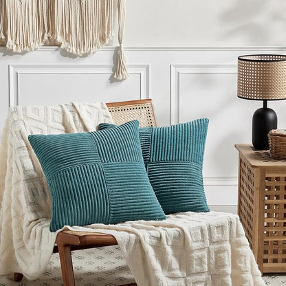 Fancy Homi 2 Packs Teal Decorative Throw Pillow Covers 20x20 Inch for Living Room Couch Bed Sofa, Rustic Farmhouse Boho Home Decor, Soft Corss Corduroy Patchwork Accent Square Cushion Case 50x50 cm