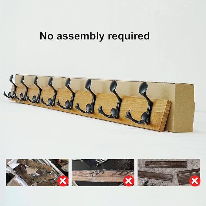 SKOLOO 43-Inch Light Brown Wood Coat Rack Wall Mount with 8 Triple Hooks - Ideal for Family Entrances, Classrooms, and Pet Supplies Storage - Perfect Coat Hooks for Wall