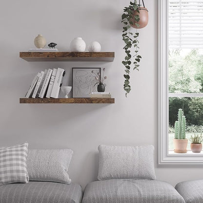 Floating Shelf, Set of 2 Wall Shelf, 24 in W x 12.75 in D x 2 in H Wooden Floating Wall Shelf with Invisible Brackets for Living Room/Bedroom/Bathroom/Kitchen Storage and Decor, Rustic Brown
