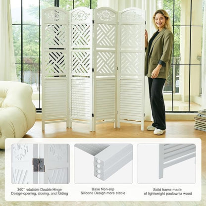 Room Divider with Shelves, 68.9inch Wood Carved and Louvered Wall Divider Freestanding, 4 Panels Folding Partition Screen for Bedroom Home Office (White)