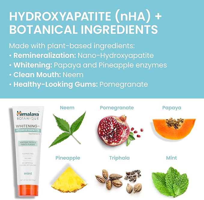 Himalaya Botanique Whitening + Hydroxyapatite Toothpaste for Whiter Teeth & Fresher Breath, Fights Plaque with Hydroxyapatite Support & Mint Flavor, Fluoride Free, SLS Free, & Vegan, 4.0 oz, 2 Pack