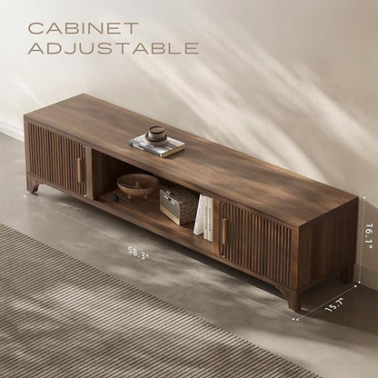 Mid Century Modern TV Stand for 70/75 Inches Television, TV Console with Fluted Doors and Storage, Entertainment Center for Living Room and Bedroom, Dark Brown