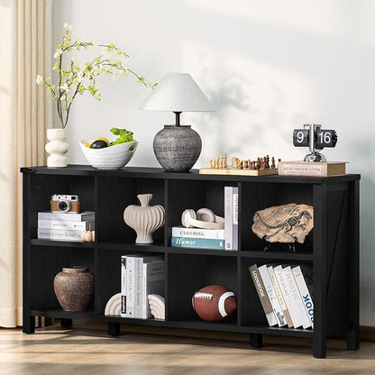 8 Cube Book Shelf, Farmhouse Wood Long Storage Organizer Bookcase, 62" Horizontal Black Console Closet Bookshelf, Hallway TV Stand for Entryway, Display Cabinet Book Case for Living Room