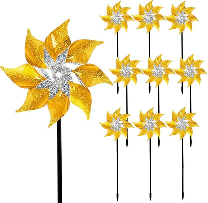 Hausse 10 Pack Reflective Pinwheels with Stakes, Extra Sparkly Pin Wheel for Garden Decor, Bird Repellent Devices Deterrent to Scare Birds Away from Yard Patio Farm, Golden