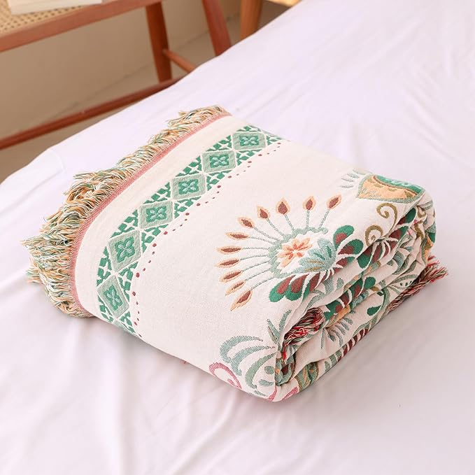Snycler Cotton Bed Throw with Tassels, Double-Sided Bohemian Spring Flowers Plants Throws for Sofas, 80x90 inch Woven Warm Blanket for Single Sofa, Bedspread and Settee Couch Travel Green