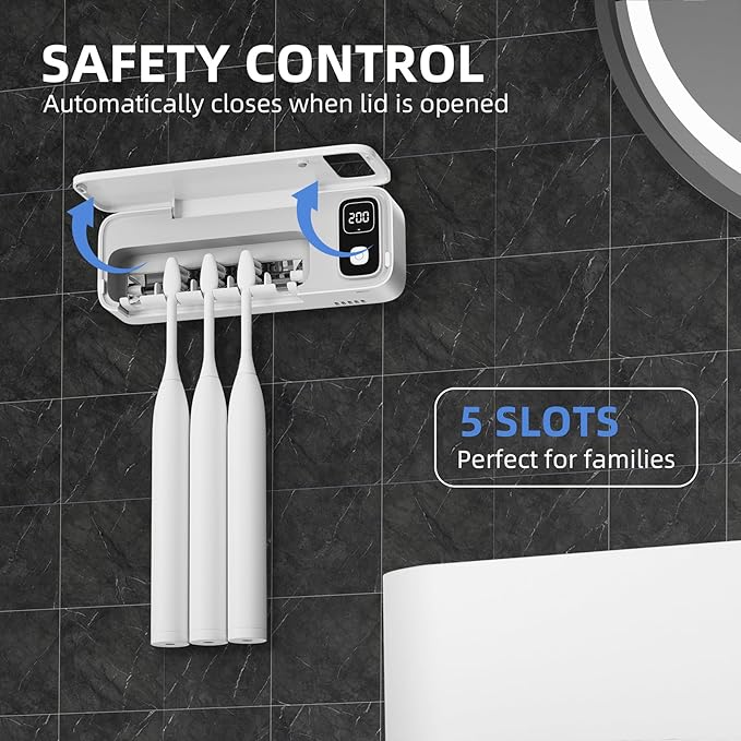 UV Toothbrush sanitiizer and Holder, Strong Saniti zer Air Drying, 200s and 400s Timed Toothbrush Case, 2200mAh Rechargeable Cordless Wall Mounted Home Toothbrush steril izer