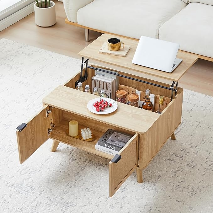 AVZEAR Wood Lift Top Coffee Table with Storage, Boho Modern Coffee Table with Nature Linen Doors & Large Hidden Storage, Rounded Corners Center Table Farmhouse Coffee Tables for Living Room, Natural