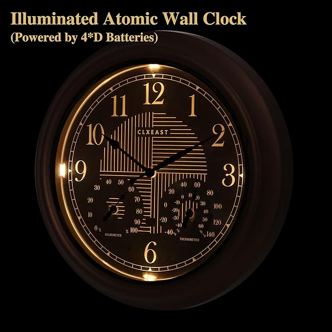CLXEAST 18 Inch Illuminated Outdoor Indoor Atomic Analog Wall Clock with Temperature & Humidity, Lighted Outdoor Clocks for Patio Large Waterproof with Thermometer,Bronze Finish,House Warming Gifts