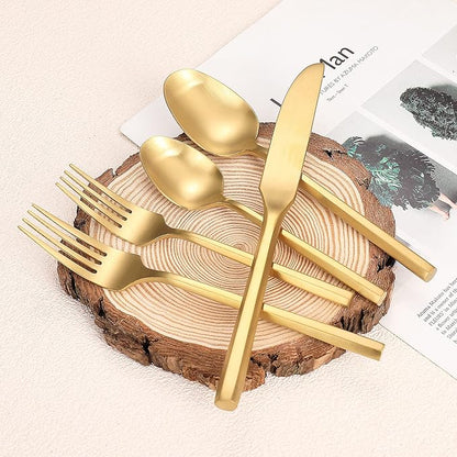 Matte Silverware Set Gold Flatware Set with Hexagon Handle 20 Pieces 18/0 Stainless Steel Cutlery Set Wedding Housewarming Gift Service for 4 (Matt gold)