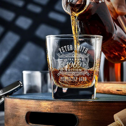 Personalized Whiskey Decanter Set with 4 Square Rocks Glasses - Gift Box Available
