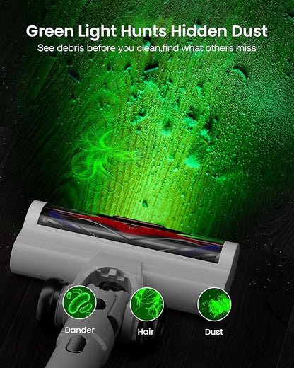 Cordless Vacuum Cleaner for Home, Upgraded 60Kpa Powerful Suction Pet Hair Vacuum with 70min Runtime, Green LED Light for Hardwood Floors & Carpet, Self-Standing Rechargeable Stick Vacuum, White