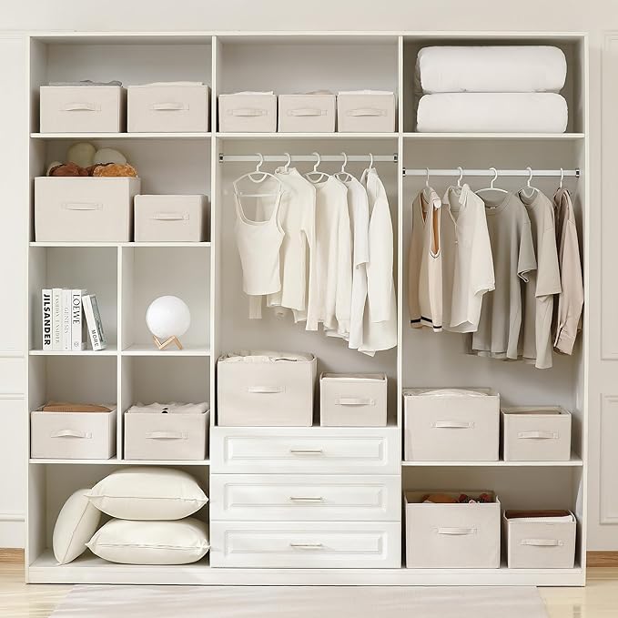 Linen Folding Storage Bins, 3 Pack Large Storage Baskets, Washable, Clothing Storage Bins with Handle, Closet Organizer for Storage Sweater,Sheets (Beige, 16"x9½"x6¾")