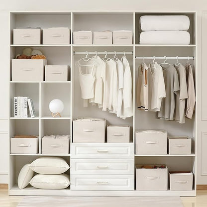 Linen Folding Storage Bins, 3 Pack Large Storage Baskets, Washable, Clothing Storage Bins with Handle, Closet Organizer for Storage Sweater,Sheets (Beige, 16"x9½"x6¾")