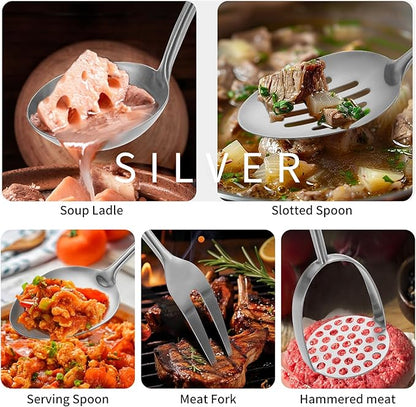 304 Stainlss Steel Kitchen Utensils Set, 12 Pcs Long Metal Cooking Utensil Gadgets Tools Set with Spatula, Ladle, Spoon, Ladle, Skimmer, Tunner, Pasta Server, Tongs(Silver, Dishwasher Safe)