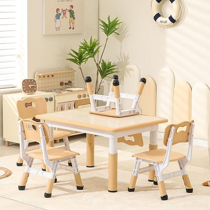Height-Adjustable Kids Table and Chairs, 31.5''L x 23.6''W Toddler Table and 4 Chairs Set with Anti-Slip Foot Covers, Children Activity Table for Ages 2-10, Graffiti Desktop