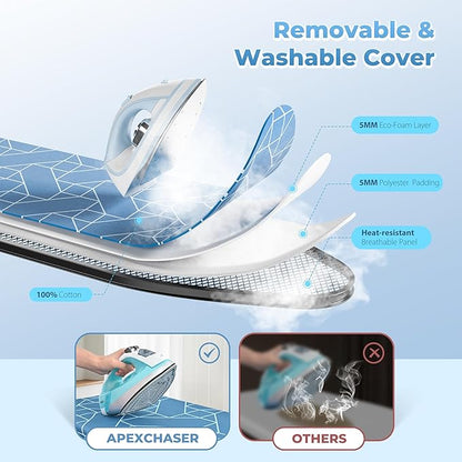 APEXCHASER Ironing Board with Silicon Iron Rest, Heavy-Duty Legs and Heat Resistant Cover, 13x53 inch, Blue