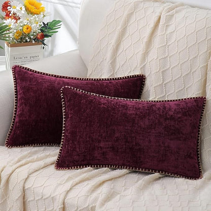 decorUhome Chenille Soft Throw Pillow Covers 12x20 Set of 2, Lumbar Velvet Farmhouse Neutral Decorative Euro Pillow Covers with Stitched Edge for Couch Sofa Bed Home Decor, Rhododendron