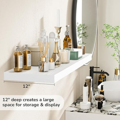 Fun Memories Floating Shelves - 2 Pack 12 Inch Rustic Wooden Wall Shelves - Extra Deeper & Thicker Wall Mounted Storage Shelf for Living Room, Kitchen, Farmhouse - 36" W x 12" D x 1.8" H - White