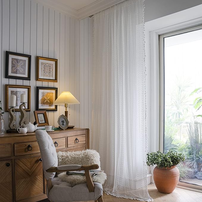 Sutuo Home Cream White Crochet Boho Curtain 84 Inches Length, Sheer Lace Handmade Tassels Knitted Window Treatment Vintage Rustic Bohemian Farmhouse Drape for Bedroom Rod Pocket 1 Panel 59" W x 84" L