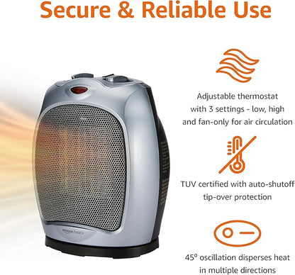 Amazon Basics Oscillating Ceramic Space Heater, Portable Indoor Heating Solution, With Overheat and Tip-Over Protection, Thermostat, 1500W, 7.52"D x 6.34"W x 9.45"H, Silver
