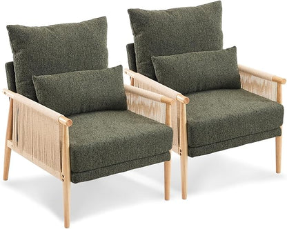 VINGLI Boho Braid Accent Armchairs Set of 2,Mid-Century Modern Chiars with Solid Wooden Armrest,Comfy Louge Cushion Chairs with Waist Pillow for Bedroom,Living Room,Reading Room, Dark Green